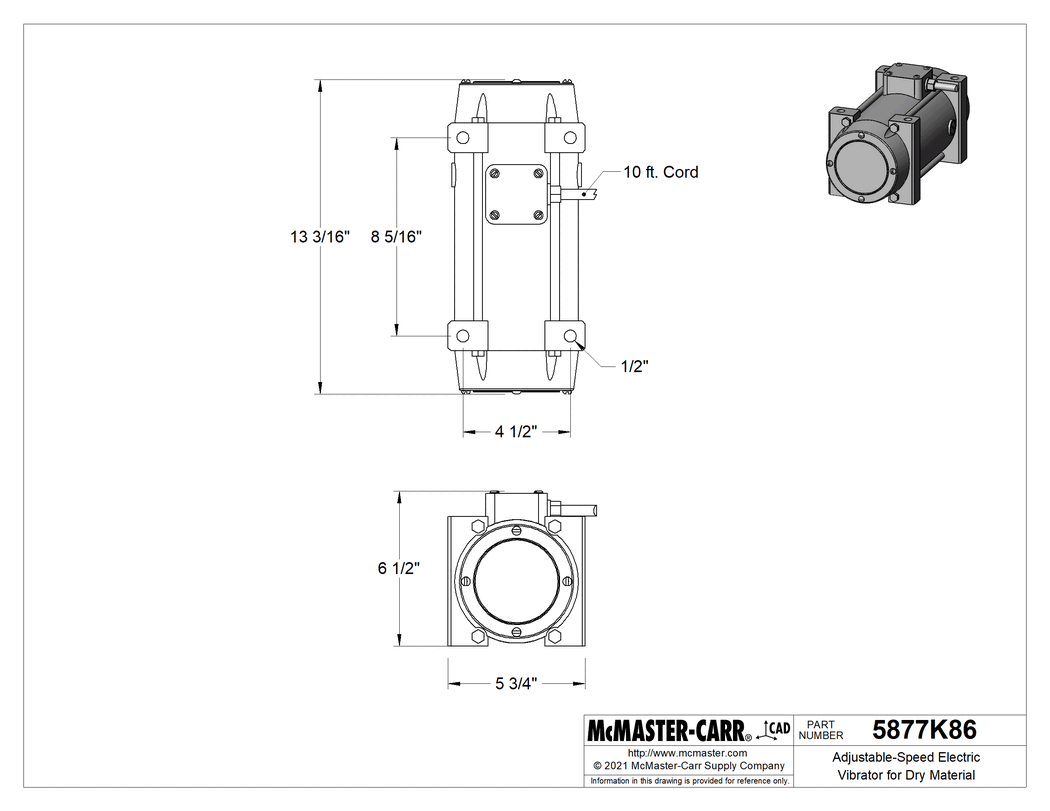 Technical Drawing of Adjustable-Speed Electric Vibrator for Dry Material, for 5000 lbs. Content Weight, Iron Body.